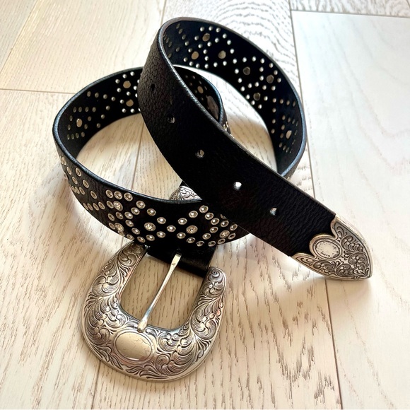 Black Silver Buckle Studded Embellished Real Genuine Leather Belt Western